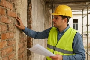 Building surveyor wearing hard hat and high-vis jacket inspecting wall and structure on a construction site with blueprint in hand.