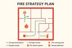 Fire strategy plan diagram showing compartmentation, escape routes, fire alarm system, smoke detectors, and fire extinguisher locations in a building.