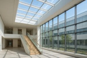 Spacious architectural interior lit by natural daylight through large windows and skylights, showcasing bright, well-distributed light in a modern design.