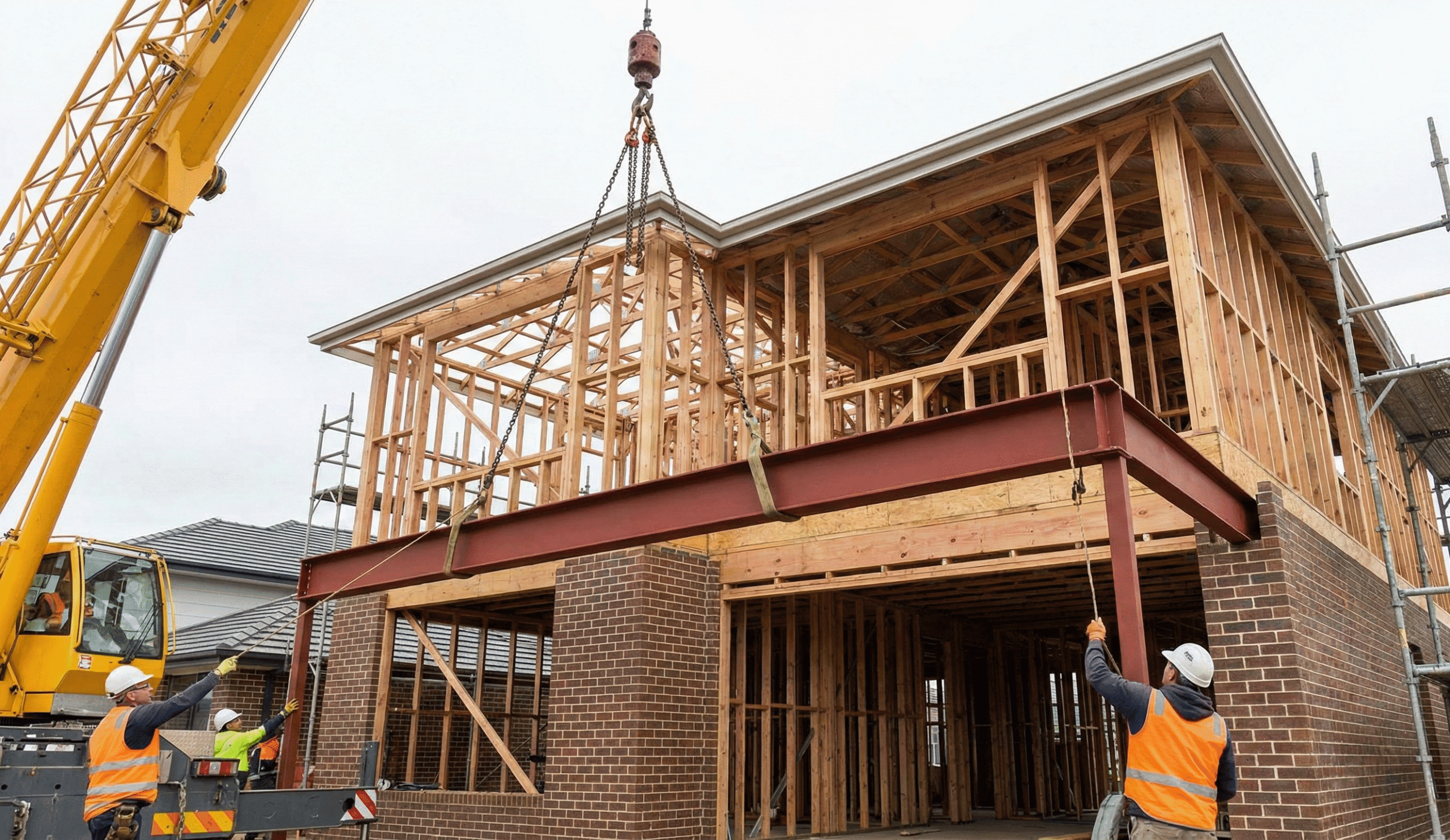 A steel beam design being lifted into place during a residential construction