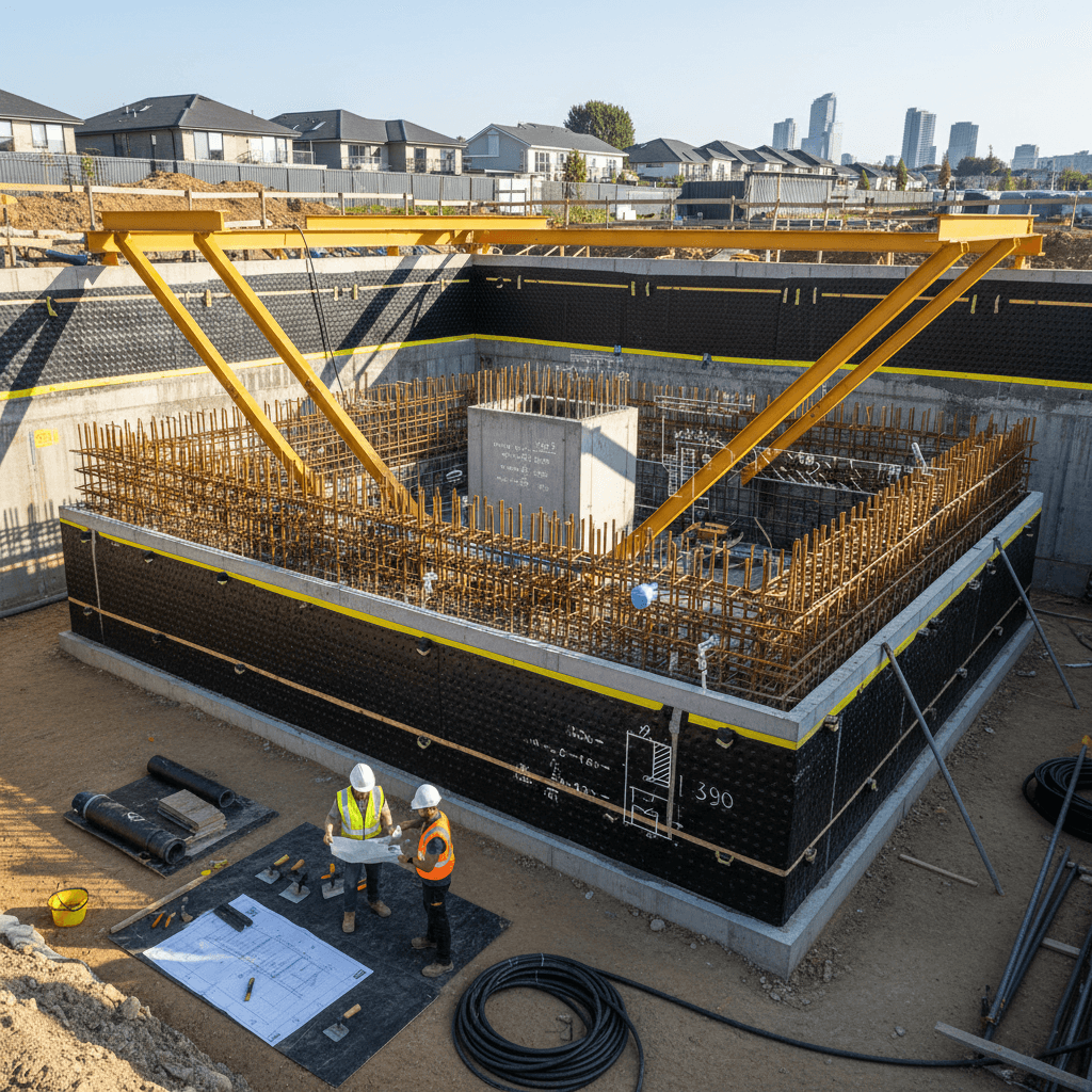 Construction-site-showing-basement-structural-design-reinforcement-and-waterproofing-layers